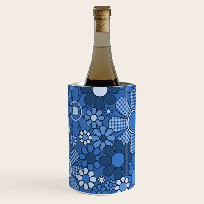 Retro Garden Gingham Flowers Vivid Blue 60s 70s Floral Pattern Wine Chiller Gallery Image 1