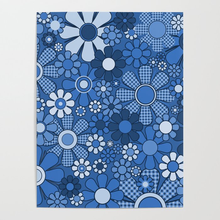 Retro Garden Gingham Flowers Vivid Blue 60s 70s Floral Pattern Poster Gallery Image 4