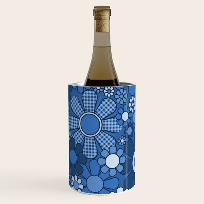 Retro Garden Gingham Flowers Vivid Blue 60s 70s Floral Pattern Wine Chiller Gallery Image 3