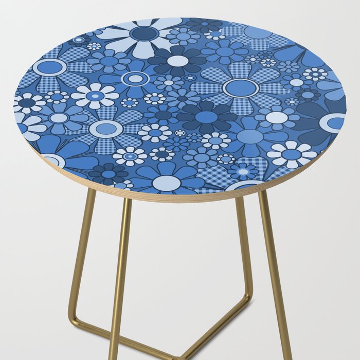 Retro Garden Gingham Flowers Vivid Blue 60s 70s Floral Pattern Side Table Gallery Image 2