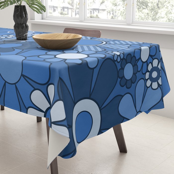 Retro Garden Gingham Flowers Vivid Blue 60s 70s Floral Pattern Tablecloth Gallery Image 3