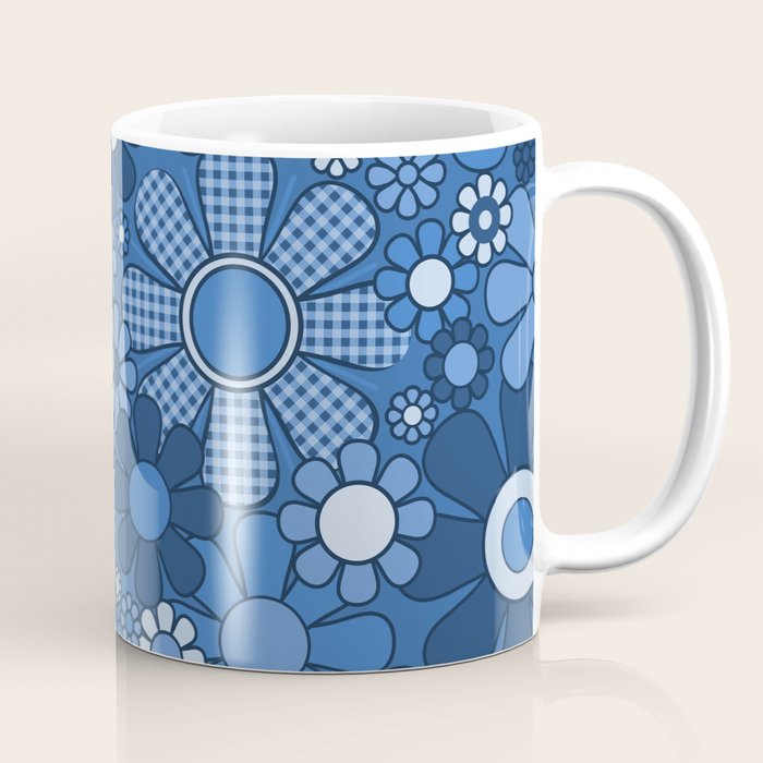 Retro Garden Gingham Flowers Vivid Blue 60s 70s Floral Pattern Coffee Mug Gallery Image 1
