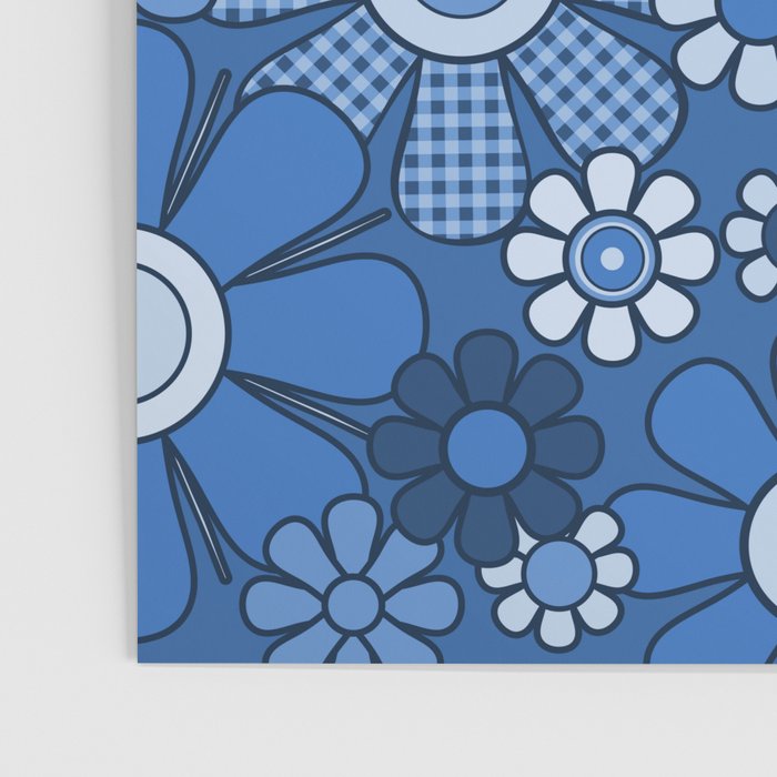 Retro Garden Gingham Flowers Vivid Blue 60s 70s Floral Pattern Poster Gallery Image 3