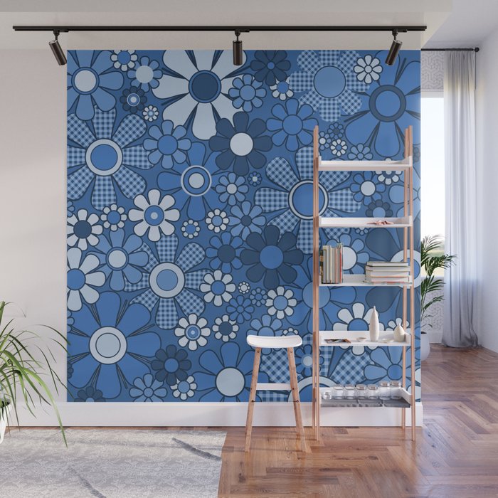 Retro Garden Gingham Flowers Vivid Blue 60s 70s Floral Pattern Wall Mural Gallery Image 1