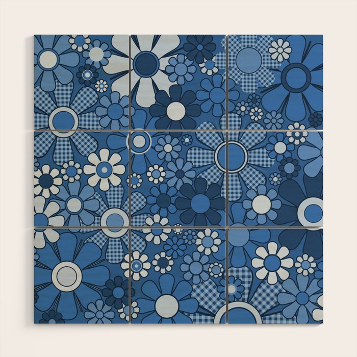 Retro Garden Gingham Flowers Vivid Blue 60s 70s Floral Pattern Wood Wall Art Gallery Image 1