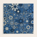 Retro Garden Gingham Flowers Vivid Blue 60s 70s Floral Pattern Wood Wall Art Gallery Image 1