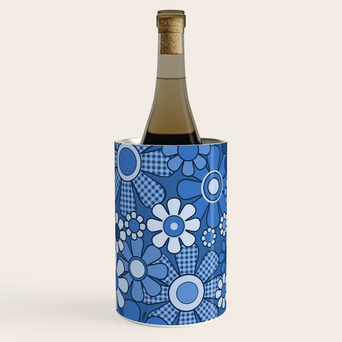 Retro Garden Gingham Flowers Vivid Blue 60s 70s Floral Pattern Wine Chiller Gallery Image 2