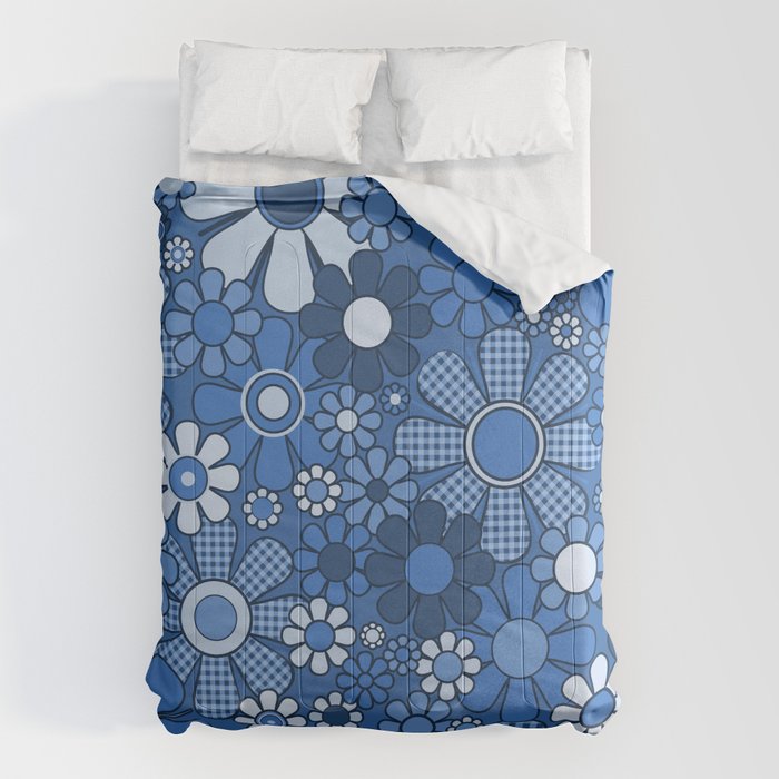 Retro Garden Gingham Flowers Vivid Blue 60s 70s Floral Pattern Comforter Gallery Image 6