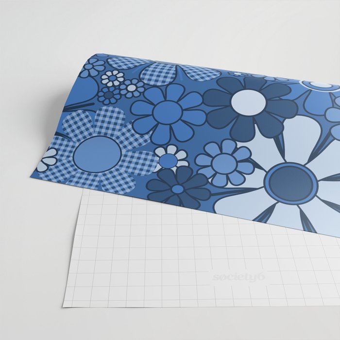 Retro Garden Gingham Flowers Vivid Blue 60s 70s Floral Pattern Wrapping Paper Gallery Image 2