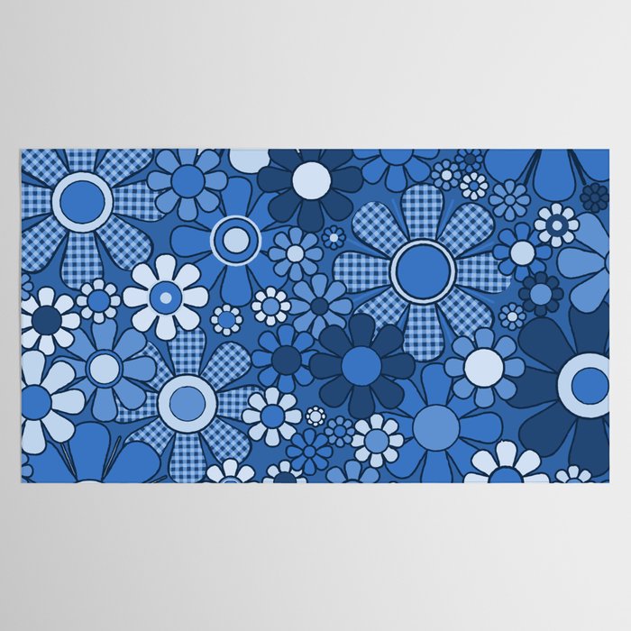Retro Garden Gingham Flowers Vivid Blue 60s 70s Floral Pattern Tablecloth Gallery Image 2