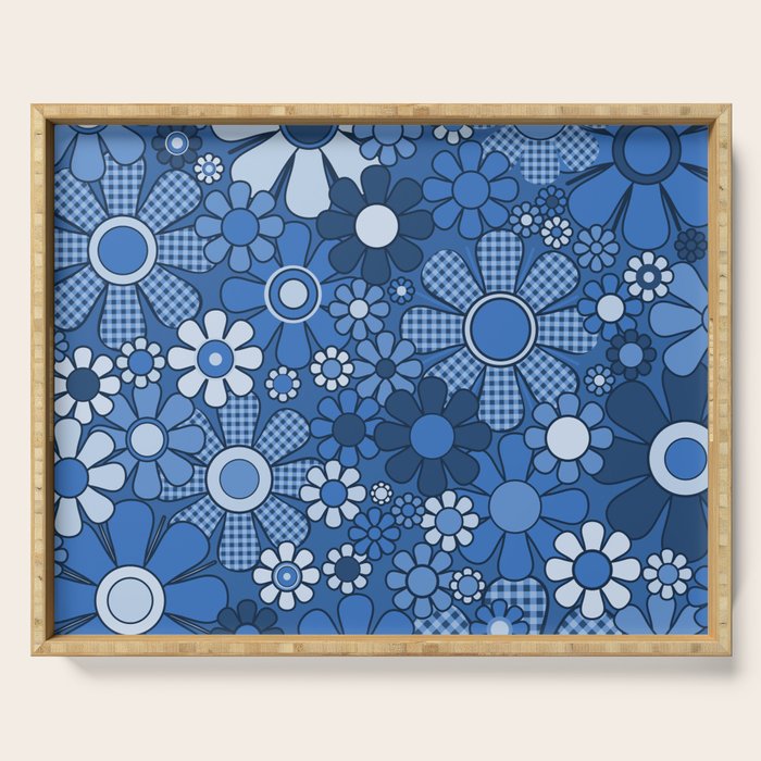 Retro Garden Gingham Flowers Vivid Blue 60s 70s Floral Pattern Serving Tray Gallery Image 1