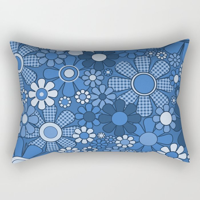 Retro Garden Gingham Flowers Vivid Blue 60s 70s Floral Pattern Rectangular Pillow Gallery Image 1