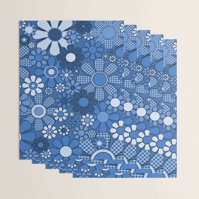 Retro Garden Gingham Flowers Vivid Blue 60s 70s Floral Pattern Wrapping Paper Gallery Image 3