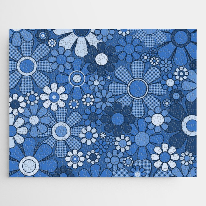 Retro Garden Gingham Flowers Vivid Blue 60s 70s Floral Pattern Jigsaw Puzzle
