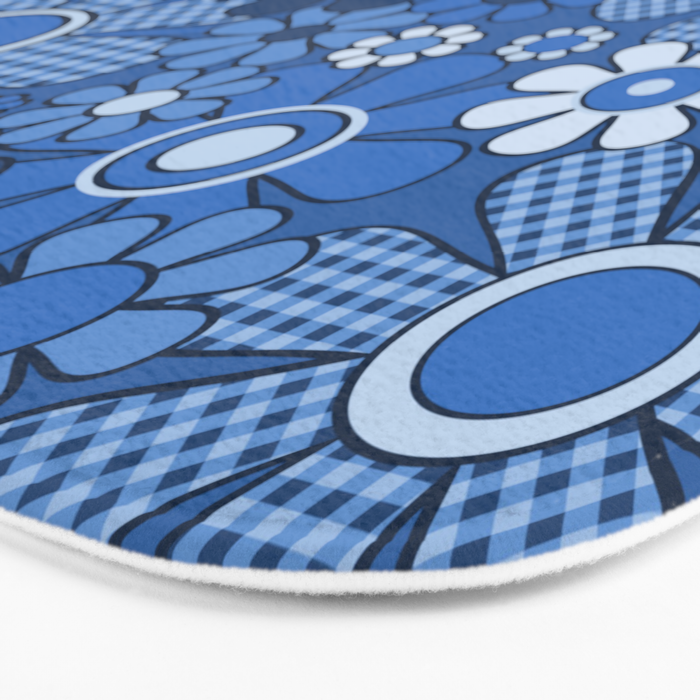Retro Garden Gingham Flowers Vivid Blue 60s 70s Floral Pattern Bath Mat Gallery Image 3