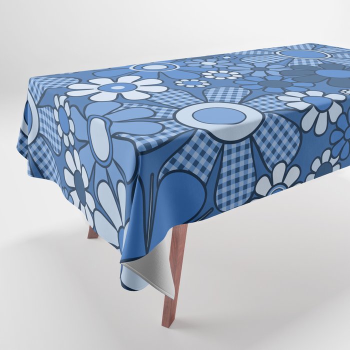 Retro Garden Gingham Flowers Vivid Blue 60s 70s Floral Pattern Tablecloth Gallery Image 1