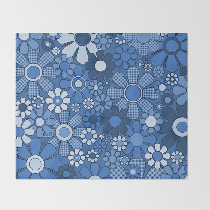 Retro Garden Gingham Flowers Vivid Blue 60s 70s Floral Pattern Throw Blanket Gallery Image 2