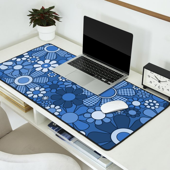 Retro Garden Gingham Flowers Vivid Blue 60s 70s Floral Pattern Desk Mat Gallery Image 2