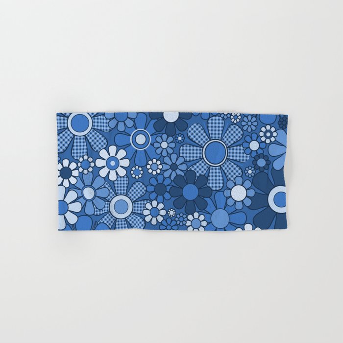 Retro Garden Gingham Flowers Vivid Blue 60s 70s Floral Pattern Bath Towel Gallery Image 1