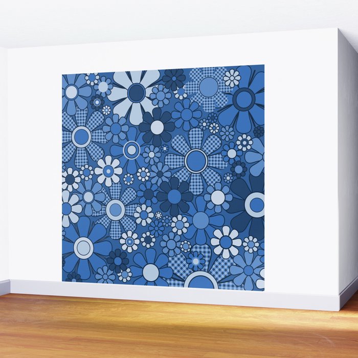 Retro Garden Gingham Flowers Vivid Blue 60s 70s Floral Pattern Wall Mural Gallery Image 2
