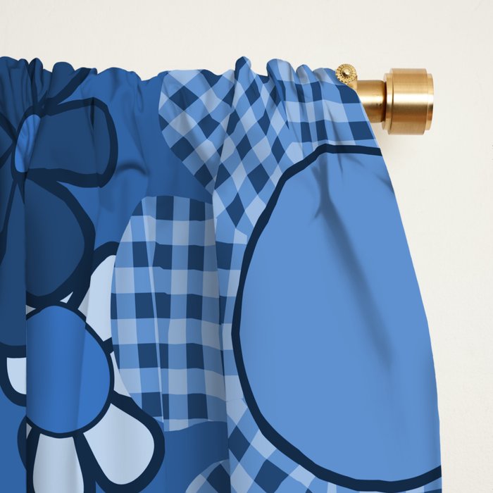 Retro Garden Gingham Flowers Vivid Blue 60s 70s Floral Pattern Window Curtain Gallery Image 2