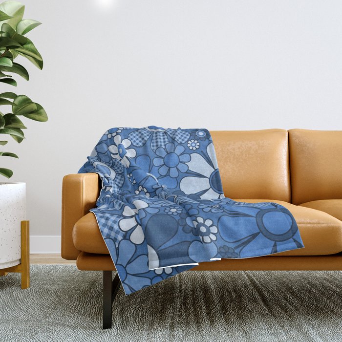 Retro Garden Gingham Flowers Vivid Blue 60s 70s Floral Pattern Throw Blanket Gallery Image 1