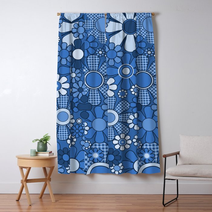 Retro Garden Gingham Flowers Vivid Blue 60s 70s Floral Pattern Window Curtain Gallery Image 5