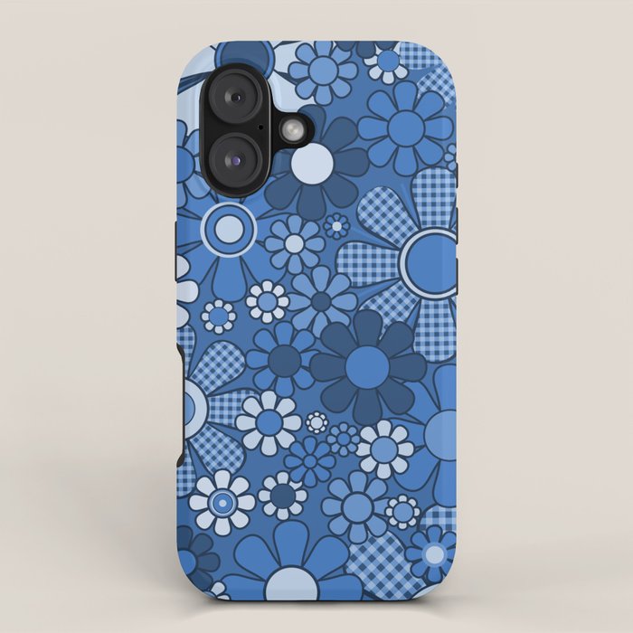 Retro Garden Gingham Flowers Vivid Blue 60s 70s Floral Pattern iPhone Case Gallery Image 1