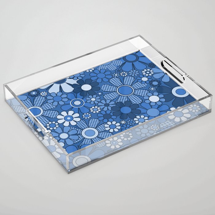 Retro Garden Gingham Flowers Vivid Blue 60s 70s Floral Pattern Acrylic Tray Gallery Image 1