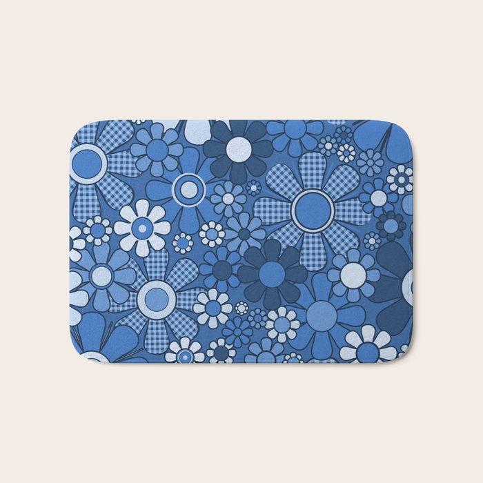 Retro Garden Gingham Flowers Vivid Blue 60s 70s Floral Pattern Bath Mat Gallery Image 1