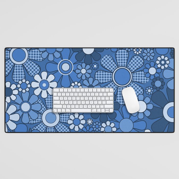 Retro Garden Gingham Flowers Vivid Blue 60s 70s Floral Pattern Desk Mat Gallery Image 1