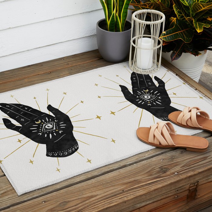 Mystic Hand with Eye - Black and Gold Ink Outdoor Rug Gallery Image 2