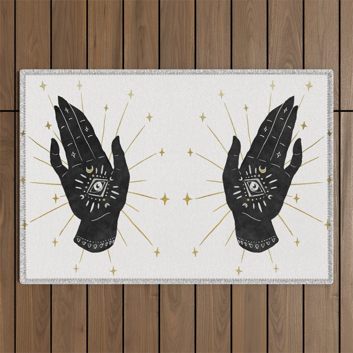 Mystic Hand with Eye - Black and Gold Ink Outdoor Rug Gallery Image 1