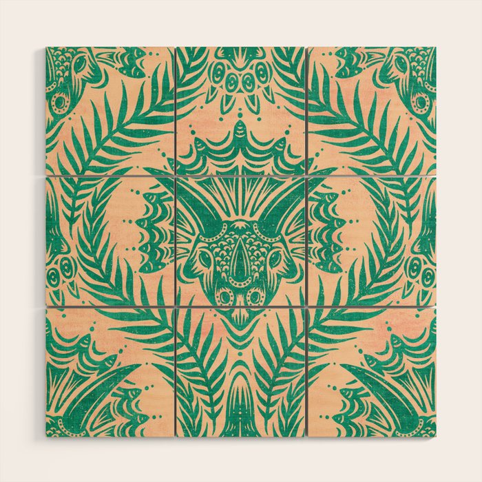 Triceratops Damask - Verdigris on peach Wood Wall Art Gallery Image 1