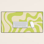 Retro Liquid Swirl Abstract Pattern Light Lime Linden Green and Beige Desk Mat Gallery Image 1