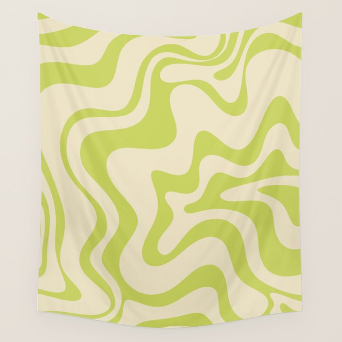 Retro Liquid Swirl Abstract Pattern Light Lime Linden Green and Beige Wall Tapestry Gallery Image 4