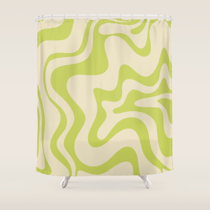 Retro Liquid Swirl Abstract Pattern Light Lime Linden Green and Beige Shower Curtain Gallery Image 1