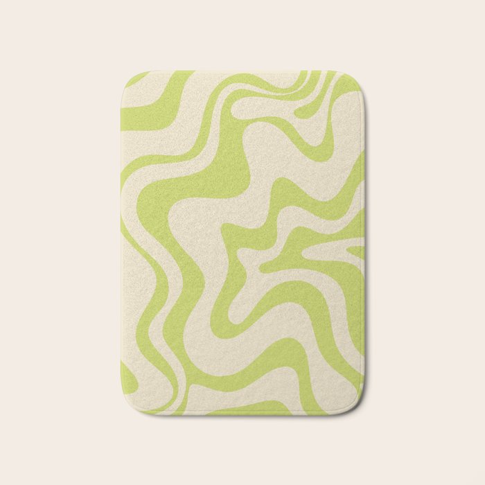 Retro Liquid Swirl Abstract Pattern Light Lime Linden Green and Beige Bath Mat Gallery Image 1