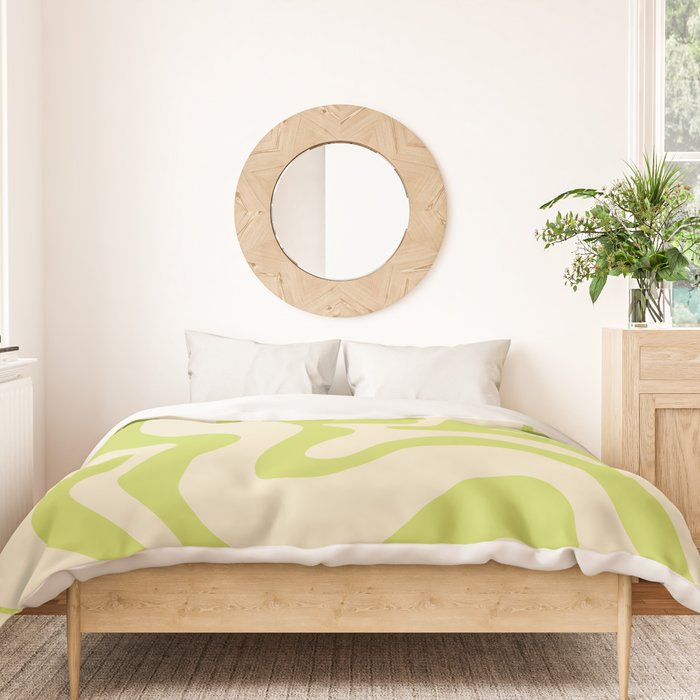 Retro Liquid Swirl Abstract Pattern Light Lime Linden Green and Beige Duvet Cover Gallery Image 3