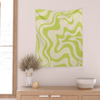 Retro Liquid Swirl Abstract Pattern Light Lime Linden Green and Beige Wall Tapestry Gallery Image 2