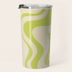 Retro Liquid Swirl Abstract Pattern Light Lime Linden Green and Beige Travel Mug Gallery Image 3