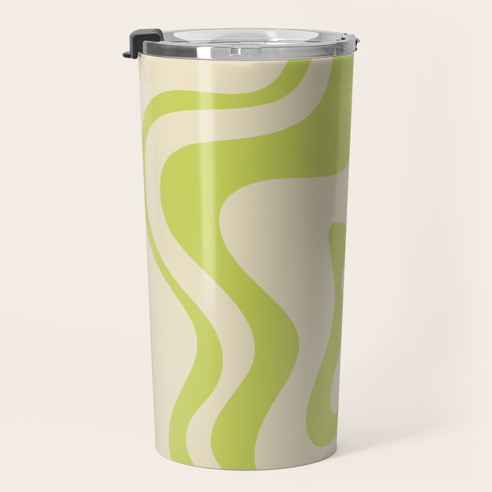 Retro Liquid Swirl Abstract Pattern Light Lime Linden Green and Beige Travel Mug Gallery Image 3