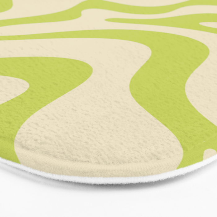 Retro Liquid Swirl Abstract Pattern Light Lime Linden Green and Beige Bath Mat Gallery Image 3