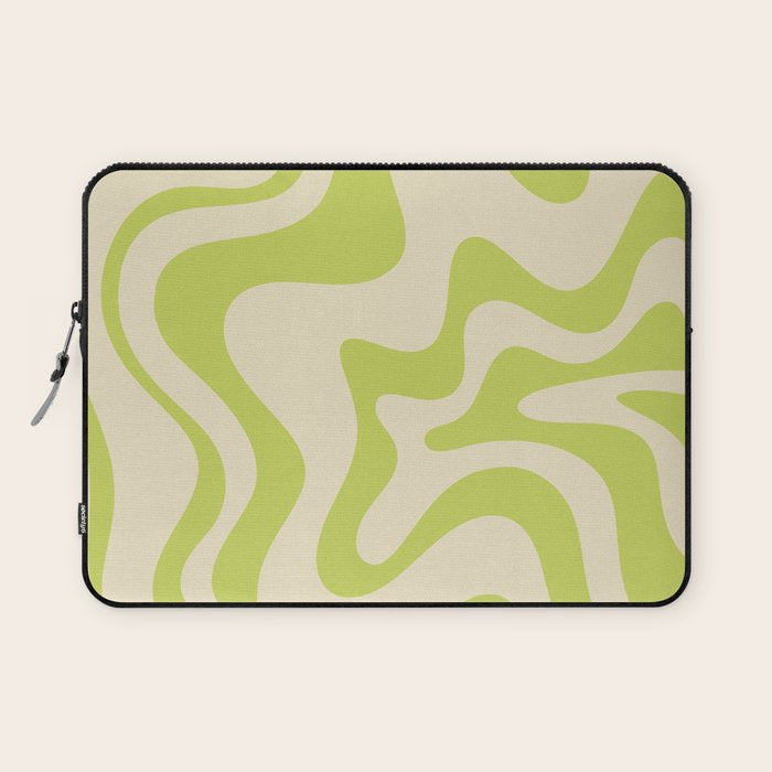 Retro Liquid Swirl Abstract Pattern Light Lime Linden Green and Beige Laptop Sleeve Gallery Image 1