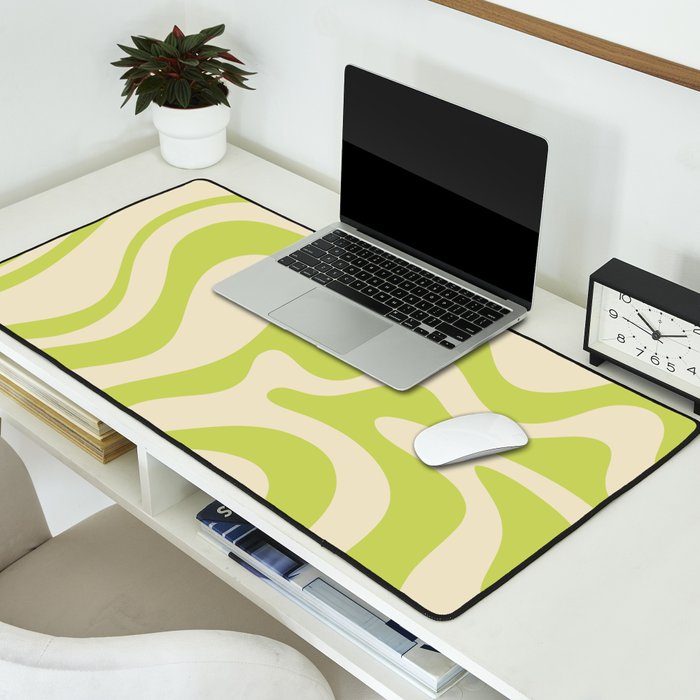 Retro Liquid Swirl Abstract Pattern Light Lime Linden Green and Beige Desk Mat Gallery Image 2
