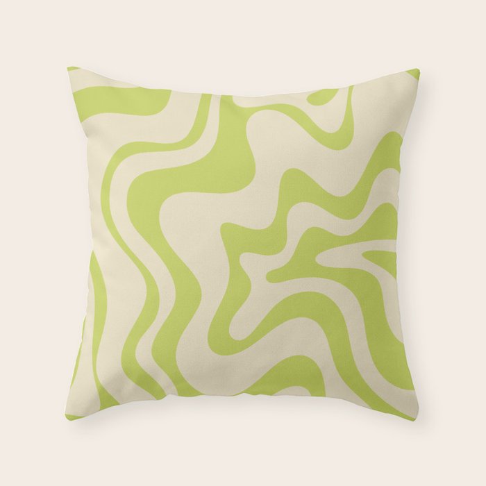 Retro Liquid Swirl Abstract Pattern Light Lime Linden Green and Beige Throw Pillow Gallery Image 6