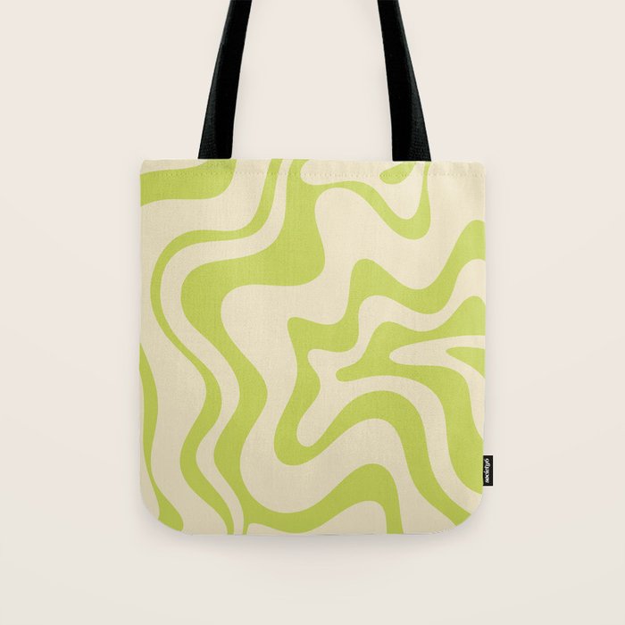 Retro Liquid Swirl Abstract Pattern Light Lime Linden Green and Beige Tote Bag Gallery Image 1