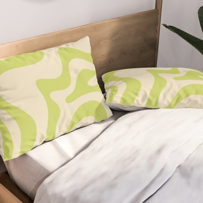 Retro Liquid Swirl Abstract Pattern Light Lime Linden Green and Beige Pillow Sham Gallery Image 2