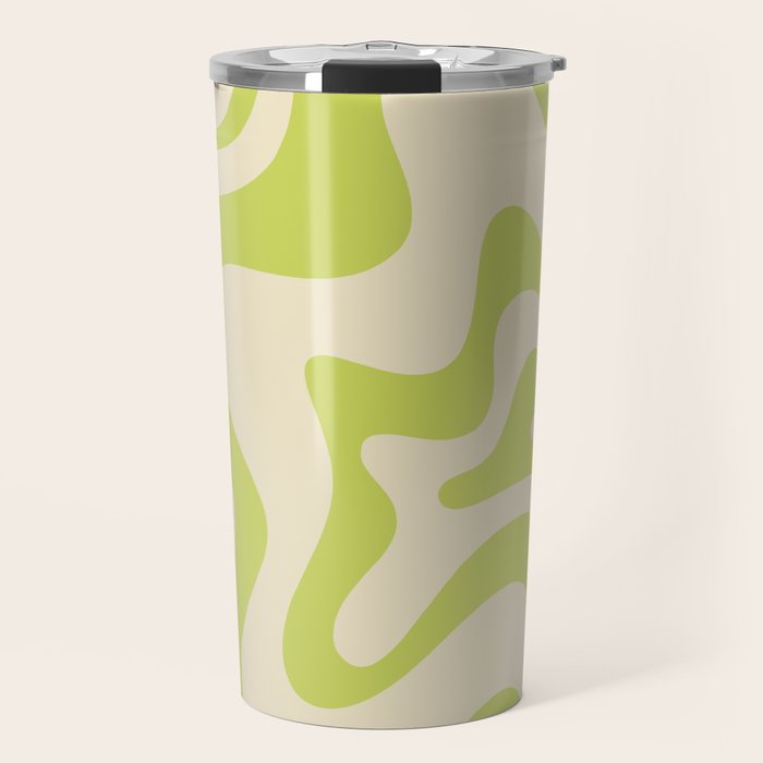 Retro Liquid Swirl Abstract Pattern Light Lime Linden Green and Beige Travel Mug Gallery Image 1