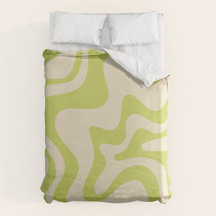 Retro Liquid Swirl Abstract Pattern Light Lime Linden Green and Beige Duvet Cover Gallery Image 1